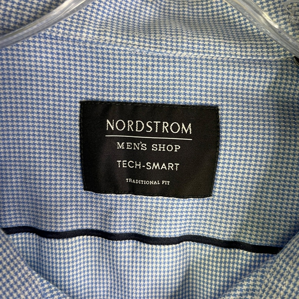 Nordstrom Dress Shirt Mens 17 36-37 Tech-Smart Houndstooth Traditional Fit Blue - Picture 3 of 13